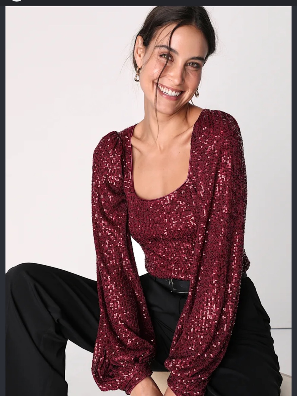 Lulu's Burgundy Sequin Long Sleeve Scoop Neck Top